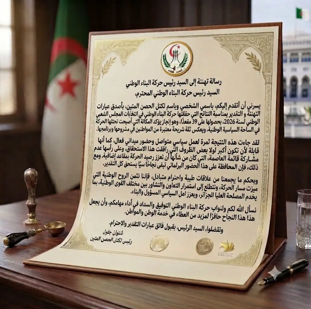 Bloc president congratulates the El Bina Movement leader on winning 39 seats